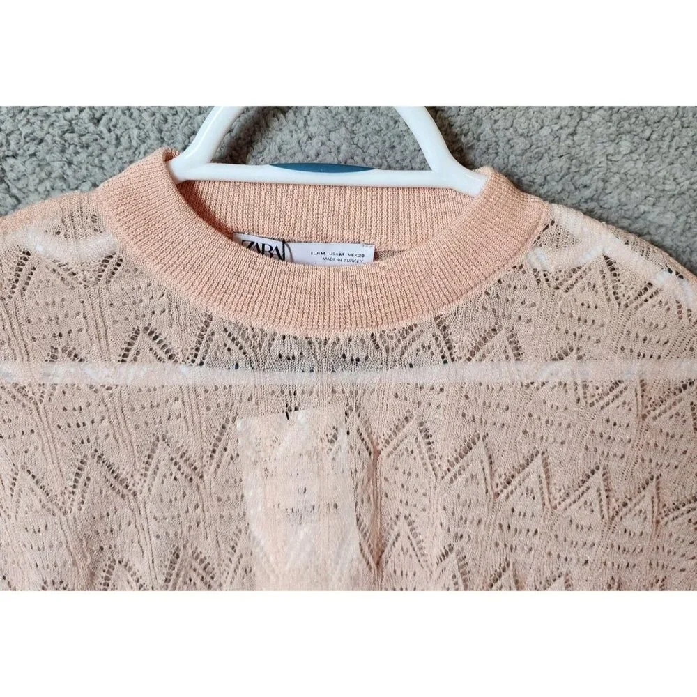 NEW Zara Women's Long Sleeve Cropped Lightweight Sheer Knit Sweater Top Pink M‎